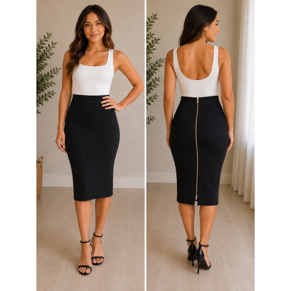 Joseph Ribkoff Skirt Bandage Gold Full Zip Pencil Midi Office Chic 8 Black